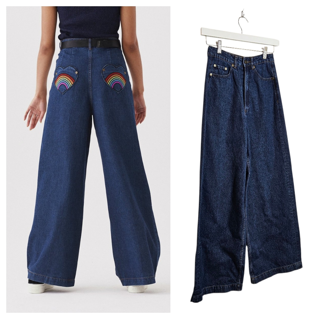 Lazy Oaf Rainbow Bum Wide Leg Jeans High Waist Blue Denim Y2k Grunge 24